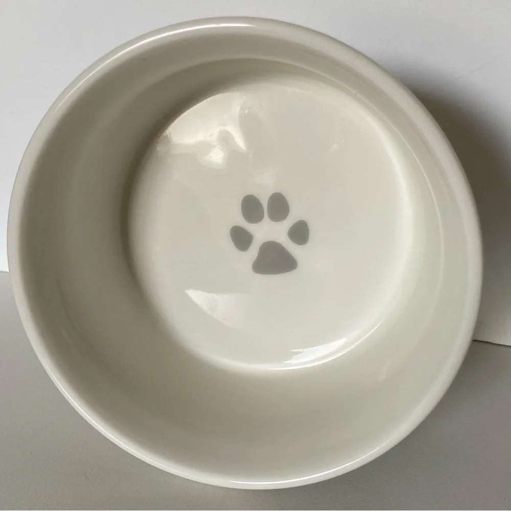 Teacup's Diner Ceramic Food Bowl Dish White Gray Paw Prints Cat Dog 4.75” EUC